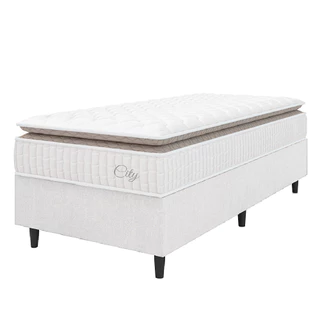 Cama Box Colchão Solteiro Molas Ensacadas City Pillow Top 88x188x61cm Linho Branco / Bege Hellen - Suporta até 110kg por Pessoa