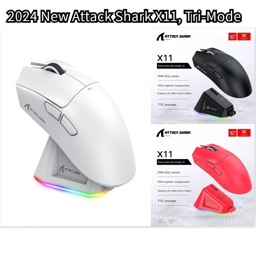 2024 Comércio Exterior Novo Ataque Shark X11 Mouse 2.4G Leve PAW3311 Jogo Sem Fio Bluetooth Três Mode Mouse Com Recarregável RGB Base