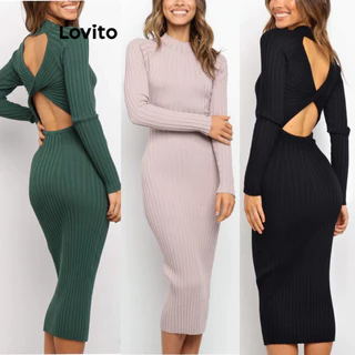 Lovito Vestido elegante sem costas em malha canelada lisa para mulheres LNL65247