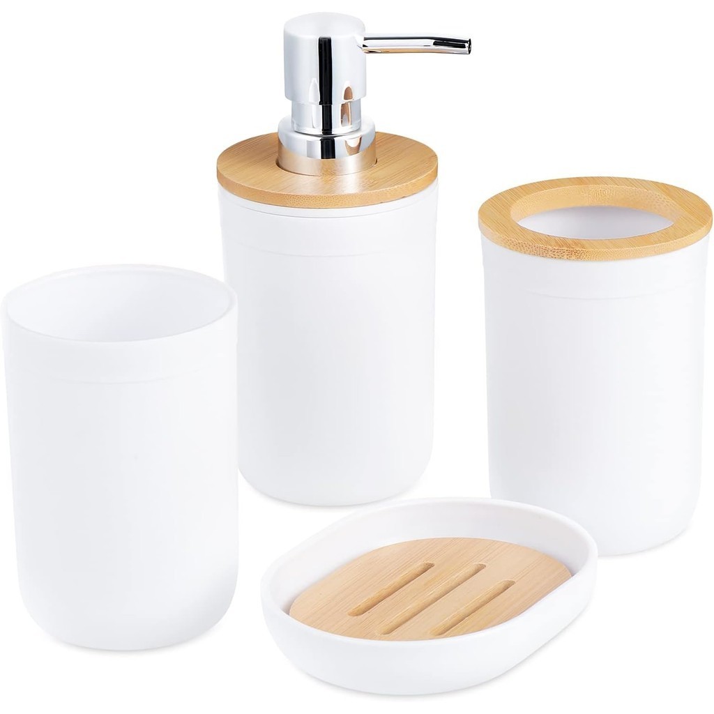 Kit 4 Peças Bambu Branco Para Banheiro Com Bandeja De Bambu