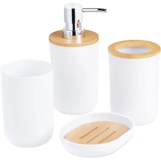 Kit 4 Peças Bambu Branco Para Banheiro Com Bandeja De Bambu