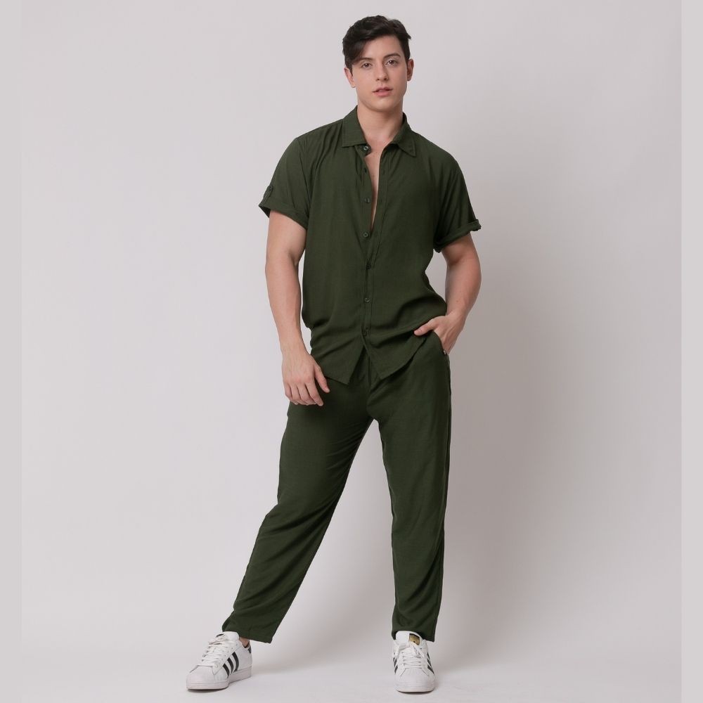 Conjunto Masculino Viscolinho Camisa e Calça Verde Oliva
