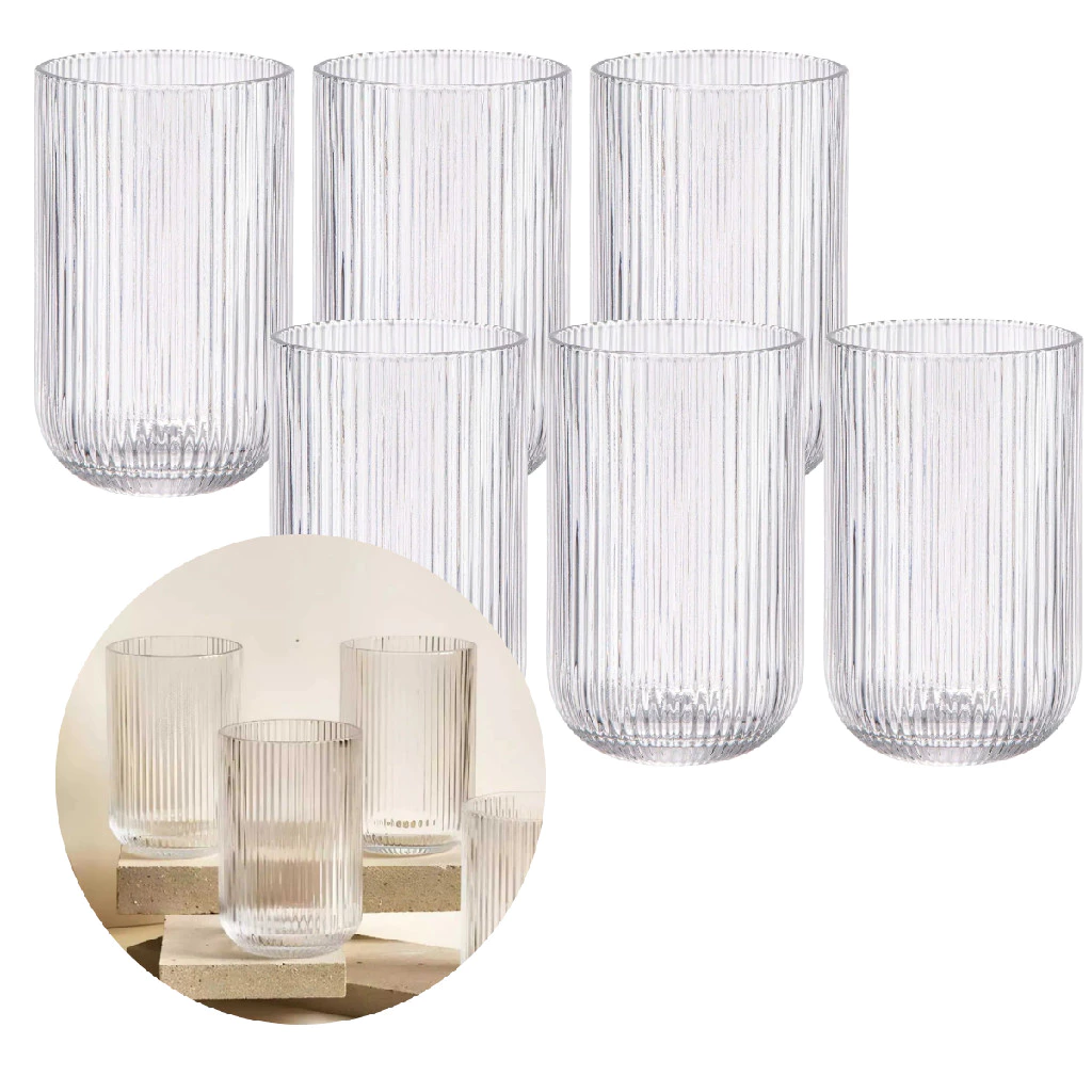 Jogo de 6 copos de vidro canelado frisado 435ml Transparente