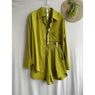 Conjunto feminino linho de outono camisa manga longa com bermuda com cós elástico