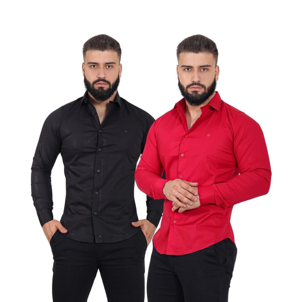 Kit 2 Camisa Masculina Tricoline Manga Longa Moda Social Casual Elegante Premium