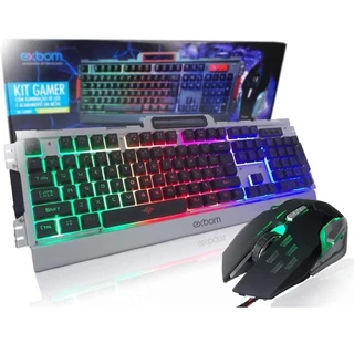 Kit Teclado Semi Mecânico Mouse Gamer Usb Abnt2 Iluminado Led Rgb Metal Exbom BK-G3000 Prata
