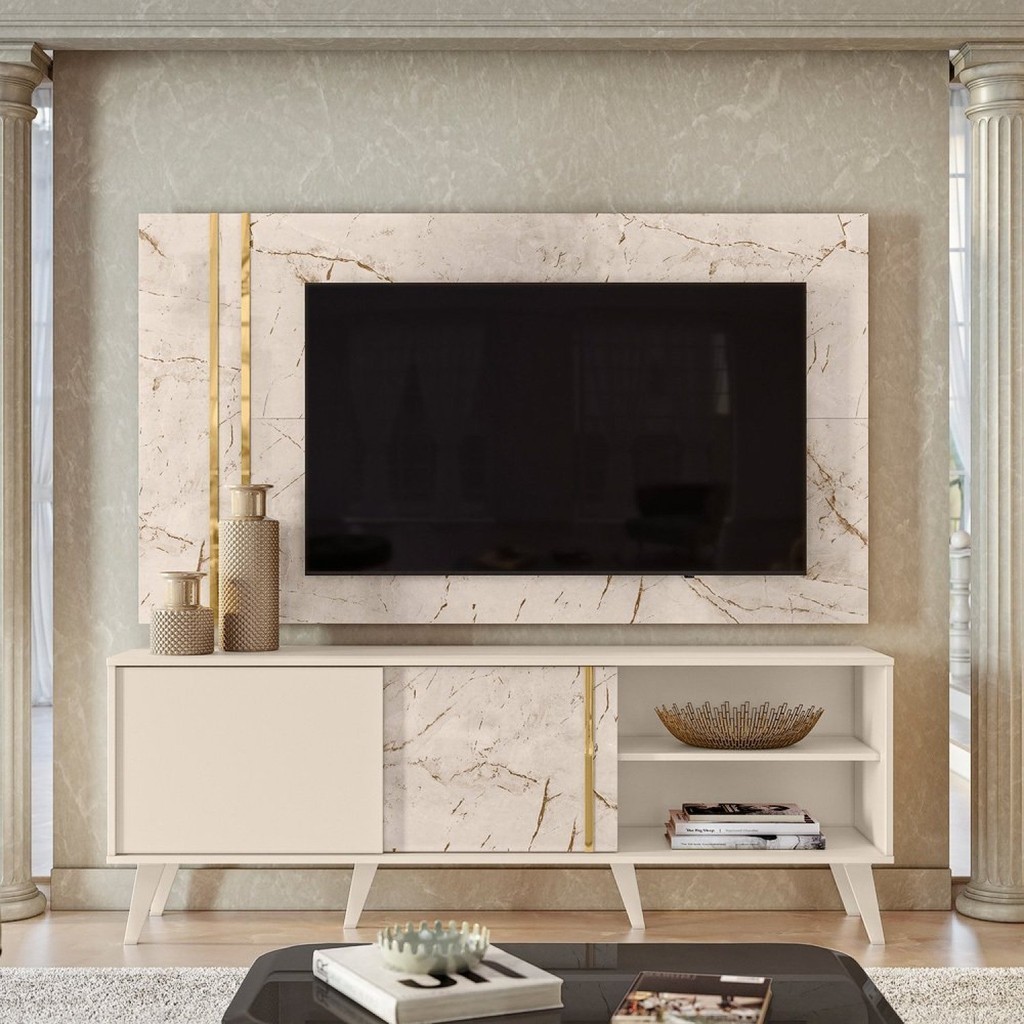 Rack com Painel para TV até 65 Polegadas 2 Portas Cronos Calacata/Offwhite