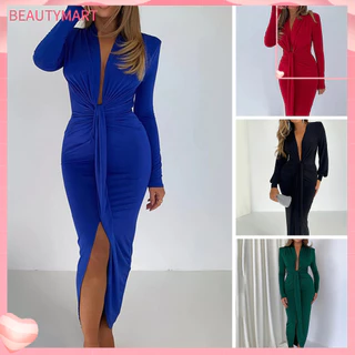 { BM } Deep V-neck Long Sleeves De Manga Comprida Em Ângulo Reto Shirring Symmetrical Split Hem Maxi Dress Hip Wrap Cor Sólida Bodycon Vestido De Noite Club Wear