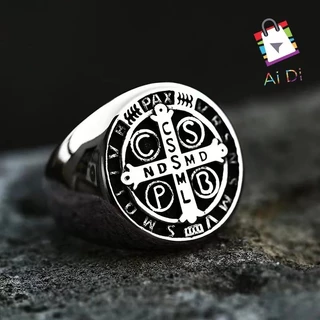 Anel Masculino São Bento Cravejado: Medalha Cruz de Dedeira em Aço Inoxidável, Banhado a Ouro 18k
