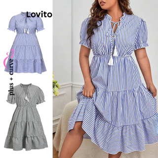 Lovito Casual Vestido Listrado com Franjas em Camadas de Tamanho Grande para Mulheres LBL06148 (Multicolorido)