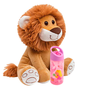 Garrafa Infantil Canudo Retrátil 400ml Princesa + PeluciaLeaozinho Caramelo Antialergico 25cm