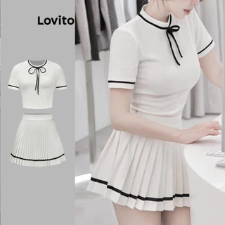Lovito Conjuntos de saia casual simples com gravata frontal plissada e contraste para mulheres L88AD282