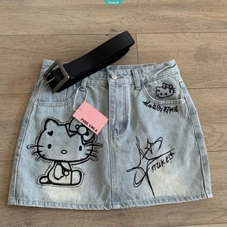Tamanho Grande Hello Kitty Graffiti Impressão De Saia De Meia-Calça De Ganga Para Mulheres 2024 Summer High Waist Slim A-line Package Hip Short Skirt [GM]