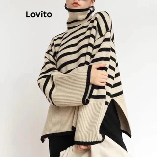 Lovito Suéter feminino casual com estampa lisa e dividida LNL57239