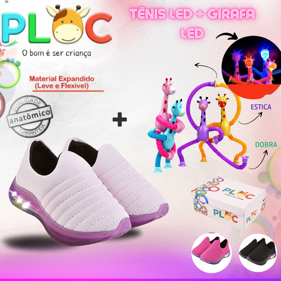 Kit Divertido Ploc LED - Tênis LED + Girafa Ploc LED Estica e Puxa ROSA ...