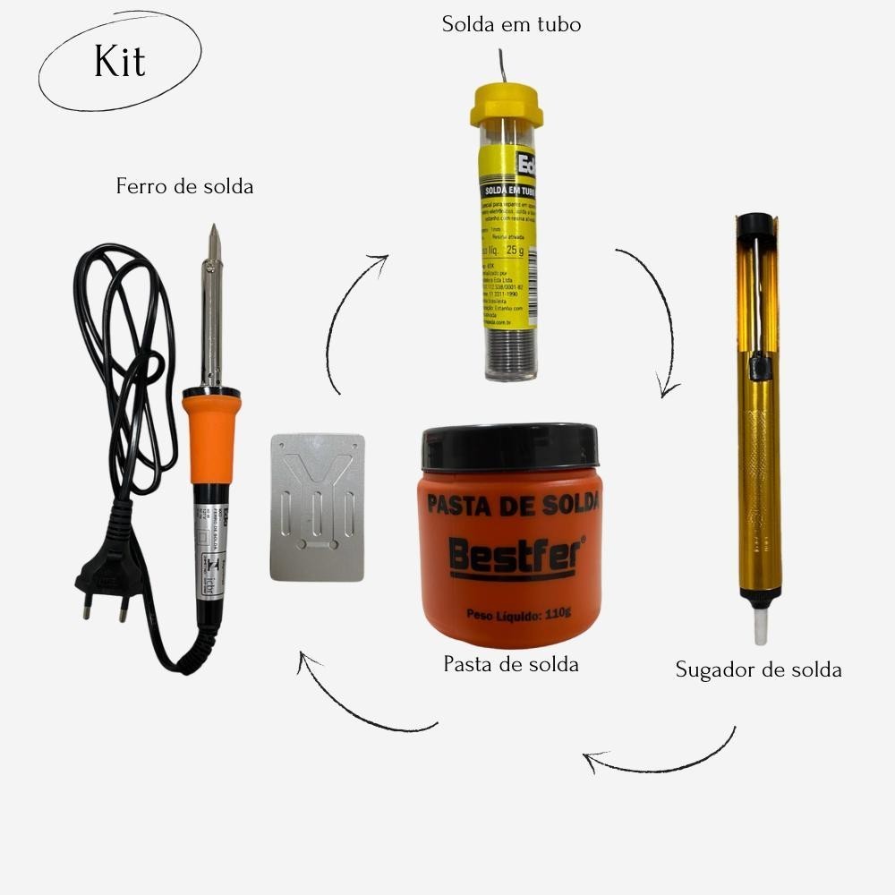 Kit Ferro De Solda Soldar Soldador 60w Estanho + Suporte Homologado Pelo Inmetro 110 ou 220v