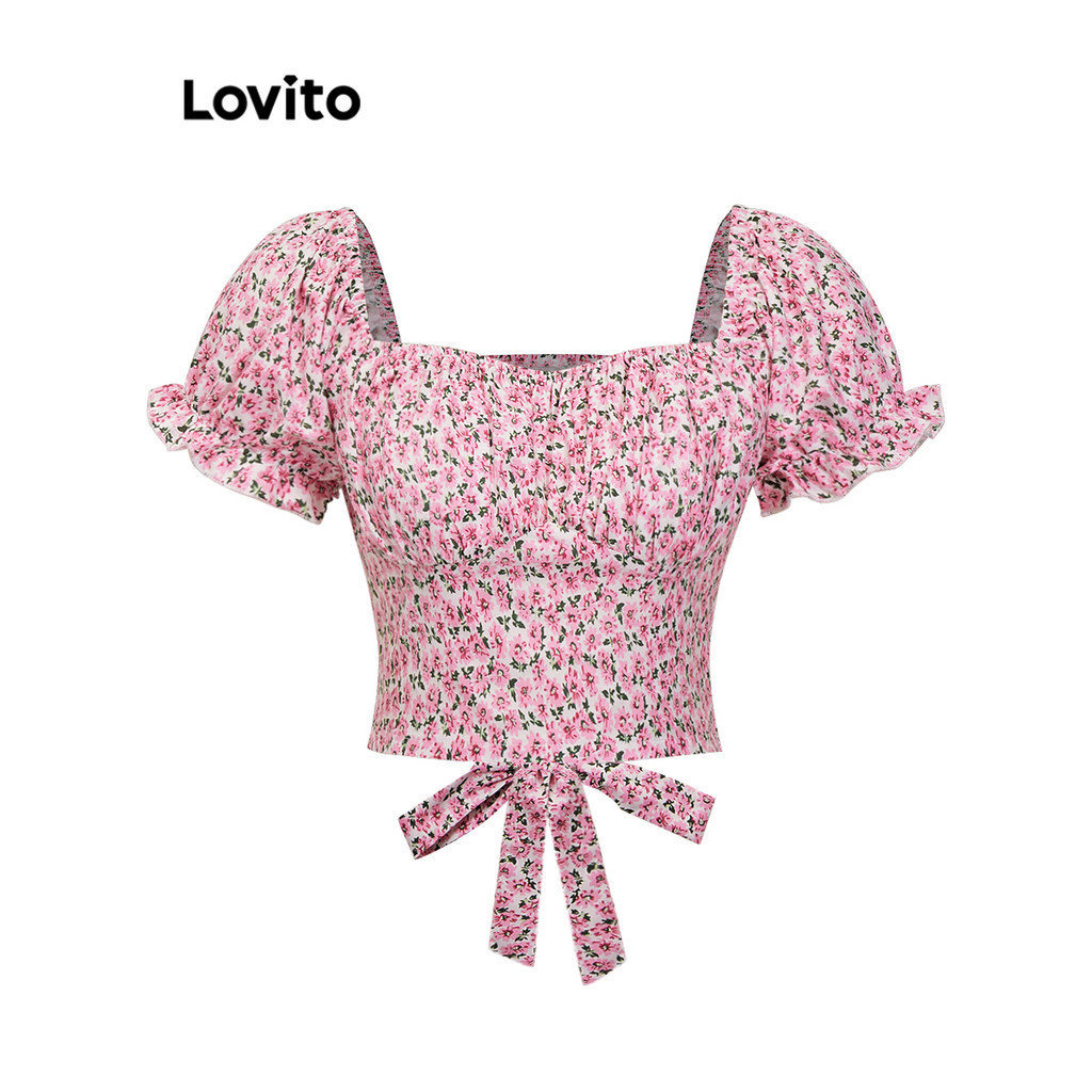 Lovito Blusa Boho Ditsy floral com gravata nas costas para mulheres L86ED059