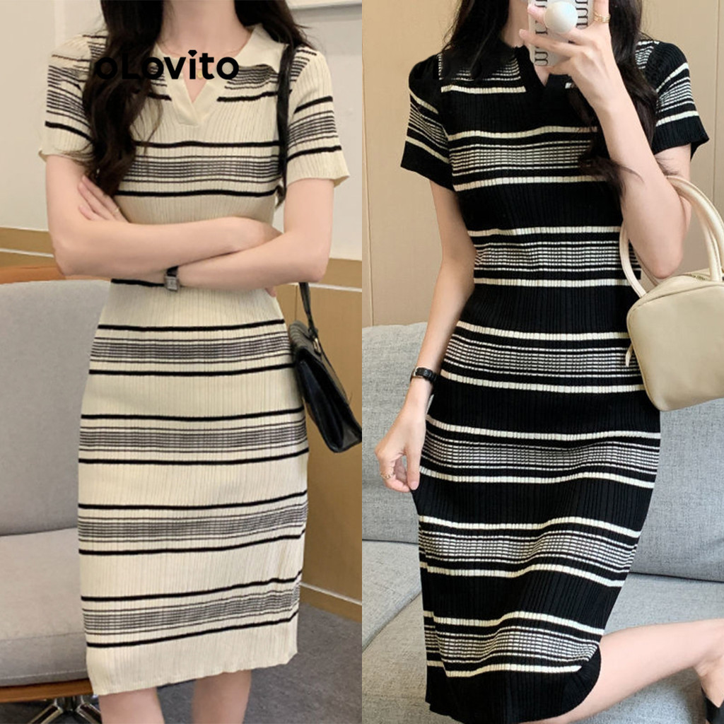 Lovito Vestido com Gola Polo Listrada Casual para Mulheres LNA19061 (Preto)