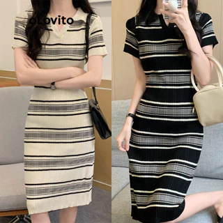 Lovito Vestido com Gola Polo Listrada Casual para Mulheres LNA19061 (Preto)