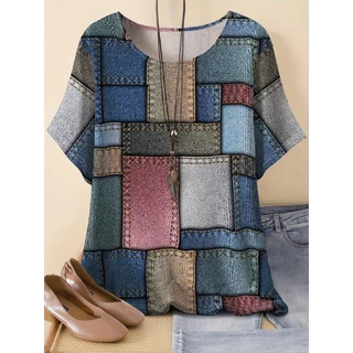 Mais Tamanho Patchwork T-Shirt Casual De Manga Curta Para Roupas Femininas De Primavera Verão Plus