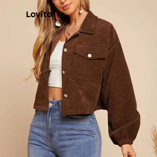 Lovito Jaqueta casual com bolso frontal com botão liso para mulheres LBL12218