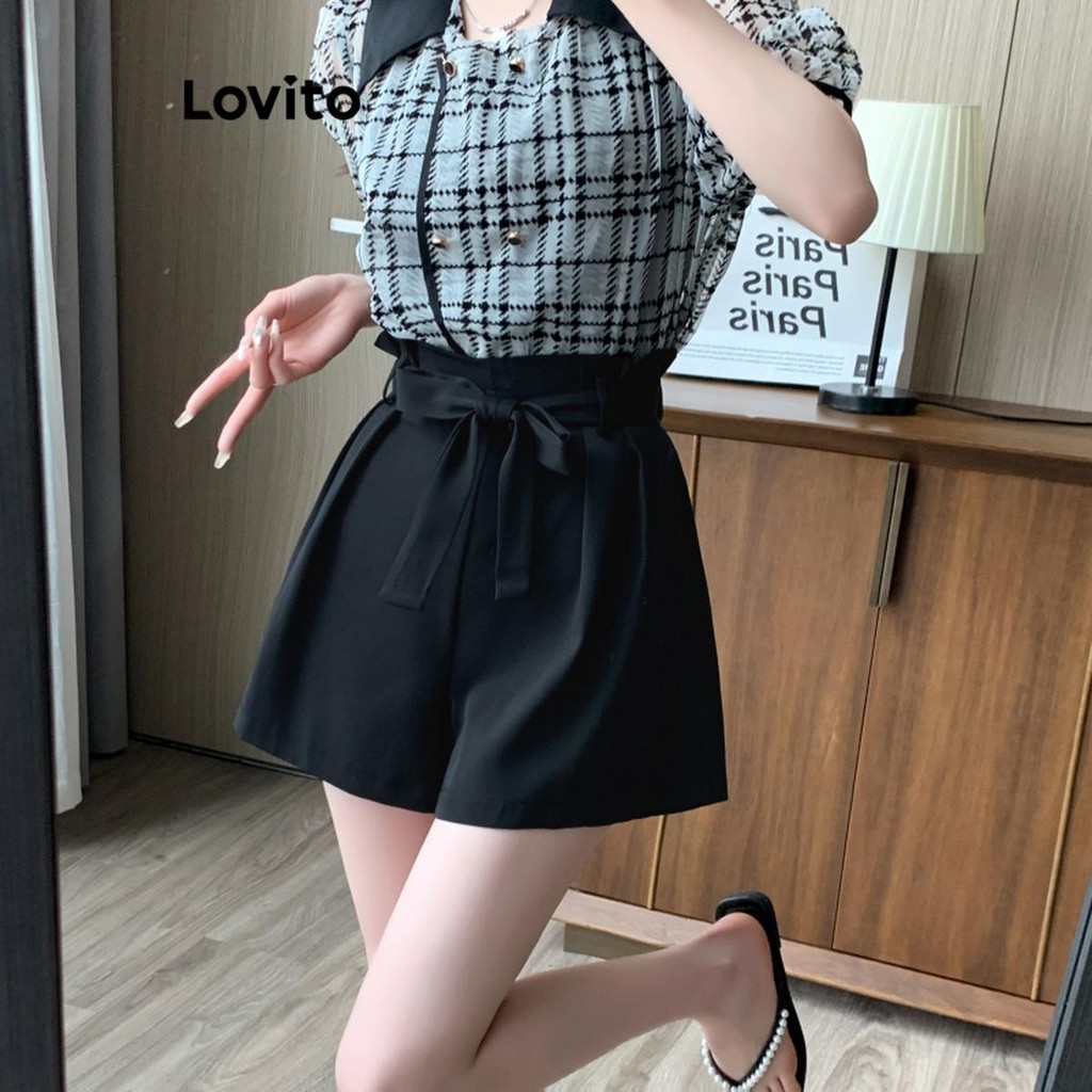 Lovito Shorts casuais lisos com renda para mulheres LNE54527