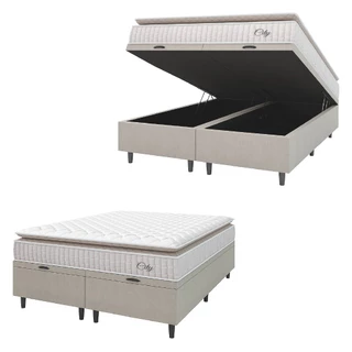 Cama Box Colchão Baú Casal King Molas Ensacadas City Pillow Top 193x203x64cm Bege / Branco Hellen - Suporta até 110kg por Pessoa