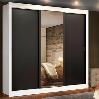 Guarda Roupa Casal Madesa Lyon 3 Portas de Correr com Espelho 2 Gavetas - Branco/Preto em Oferta na Shopee