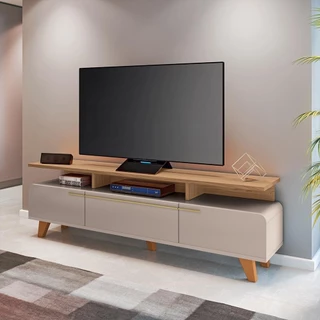 Bancada Decorativa Riven TV até 70 Pol MDP/MDF Pés de Madeira Off White/Freijó G26 - Gran Belo