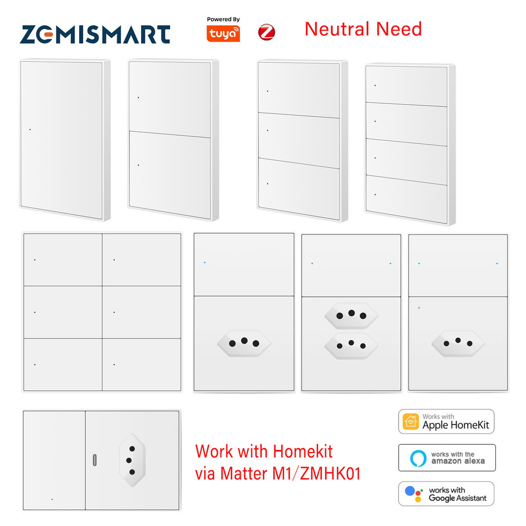 Interruptor De Luz Neutra Zemismart Zigbee 1/2/3/4/6Gangs/2gang + Outlet/Smart 10A/20A/TypeC Alexa Siri Voice Tuya APP Timer Funciona Com Homekit via ZMHK01/Matter M1 Hub