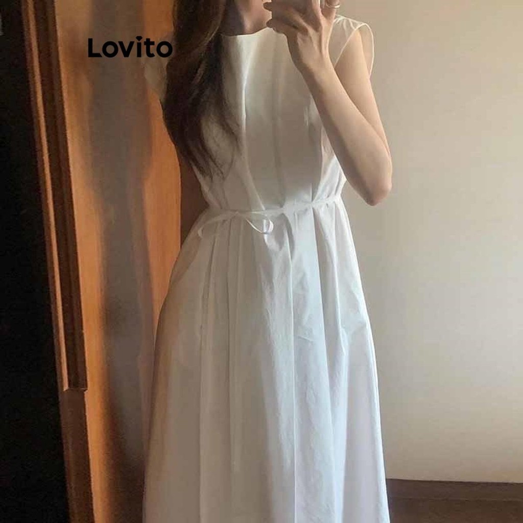 Lovito Vestido casual liso com renda para mulheres LNE57032