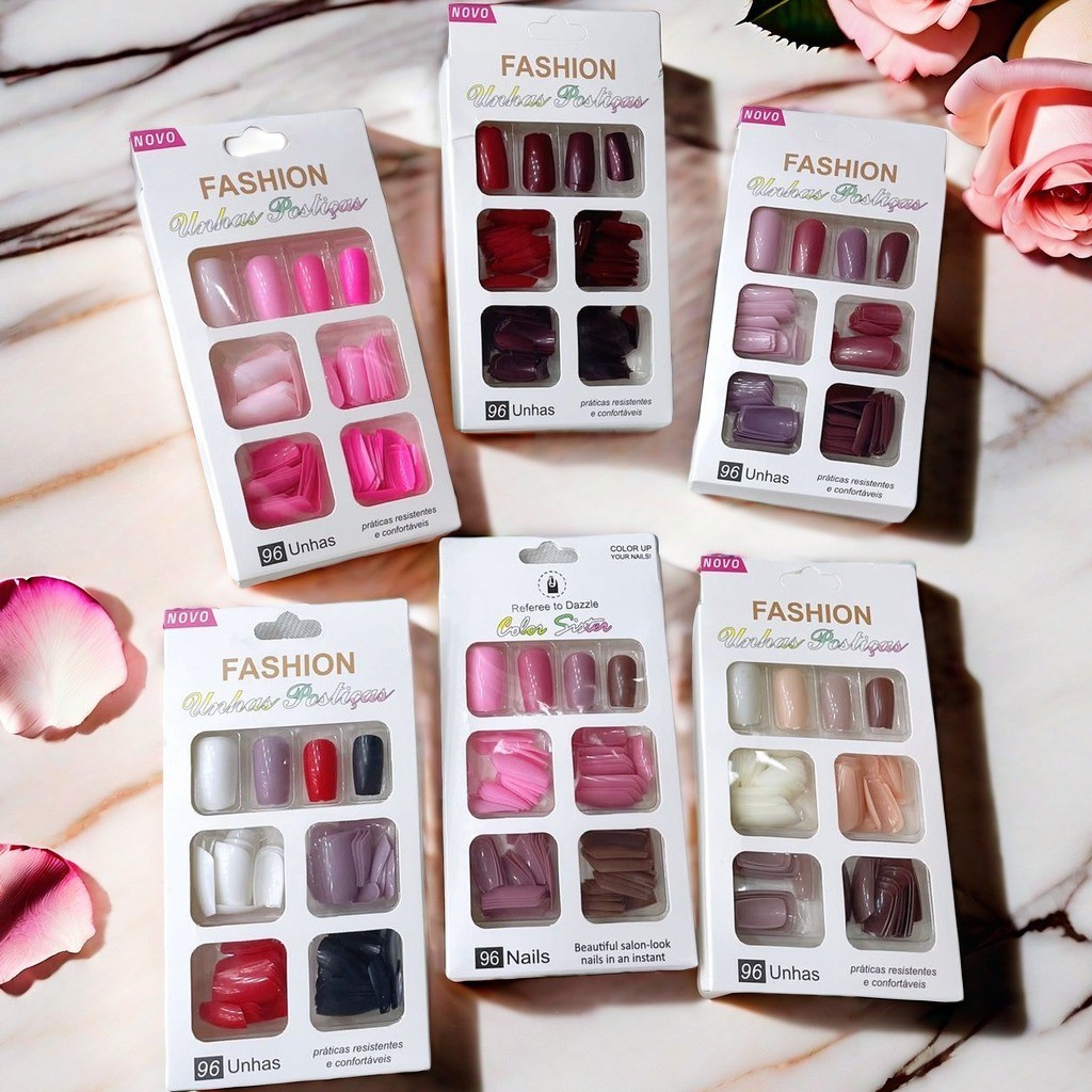 Cartela com 96 Unhas Postiças Variadas Versatilidade para Todos os Looks e Ocasiões