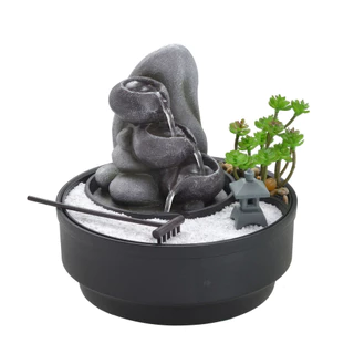 FONTE DE AGUA DECORATIVA C/ MINI TEMPLO E JARROS BIVOLT 21cm