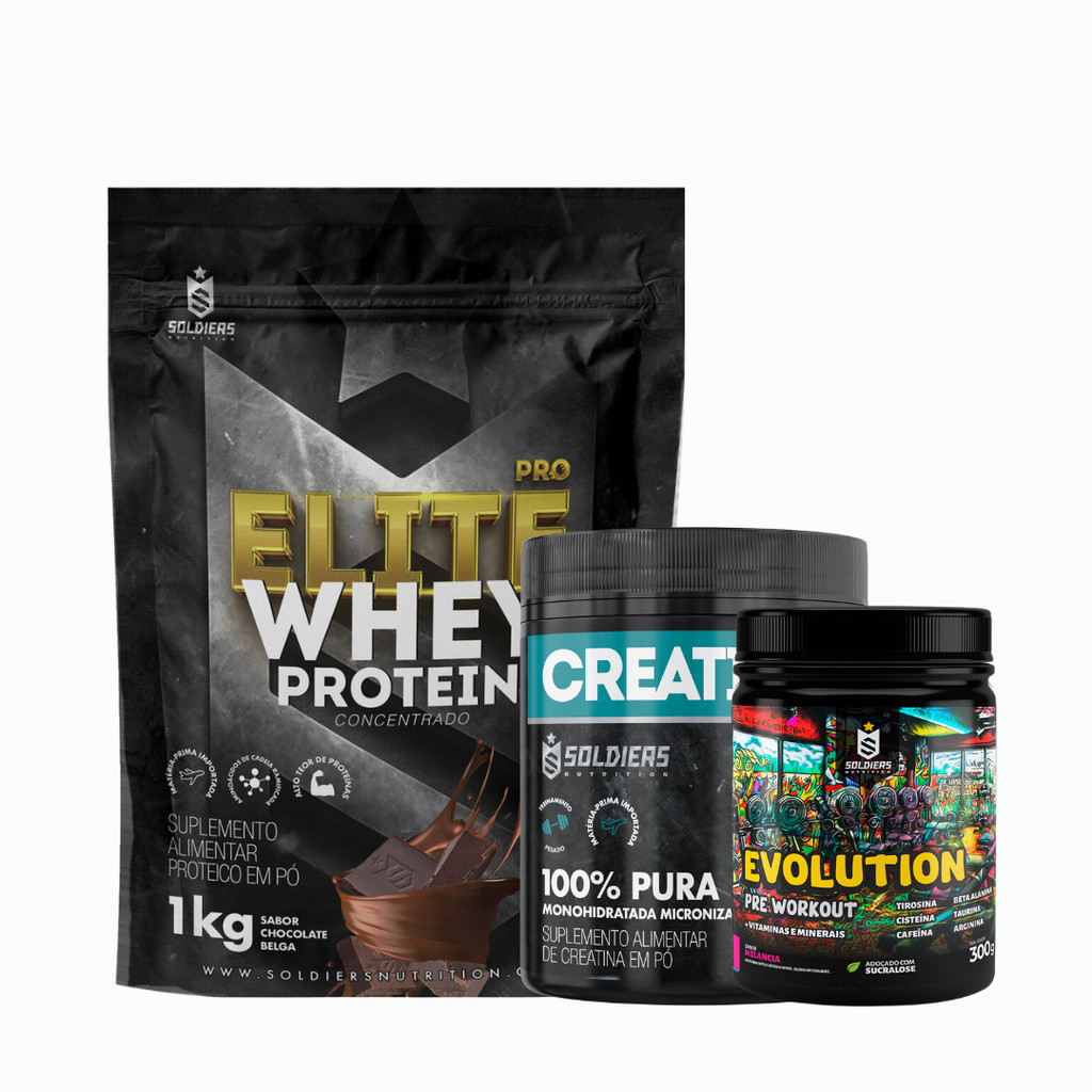 Kit: Whey Protein Elite-Pro 1kg +Creatina Monohidratada Pote 300g - 100% Pura+Pré-Treino Evolution Pré Workout 300g - So