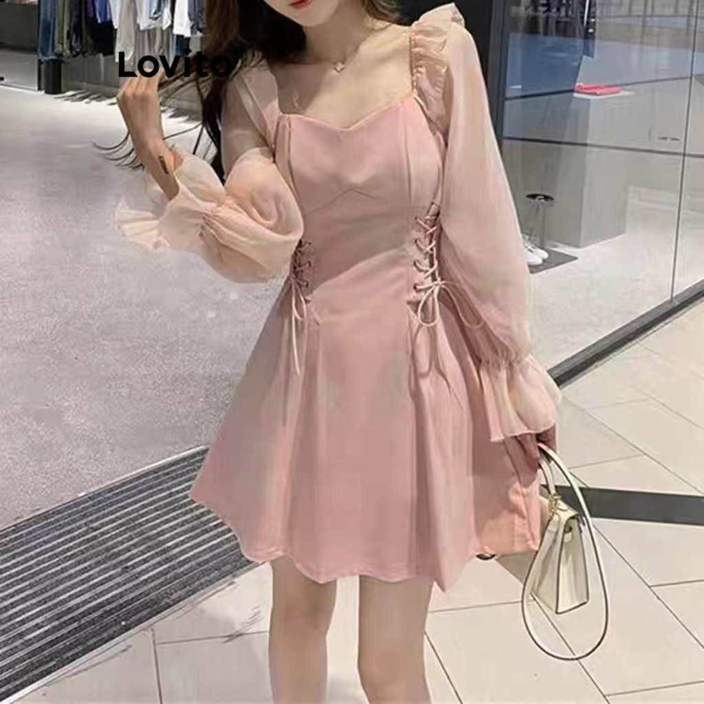 Lovito Casual Vestido Feminino Liso de Amarrar LNA42096