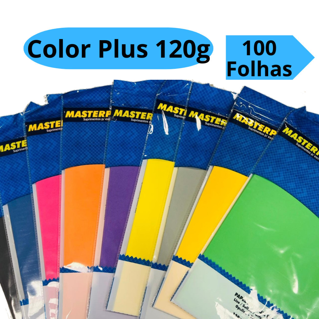 Papel Color Plus 120g 100 Folhas A4 com 5 Cores Rosa Azul Verde Amarelo Roxo Masterprint