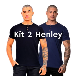 Kit 2 Camisetas Henley Masculina 3 Botões 100% Algodão 30.1 Portuguesa