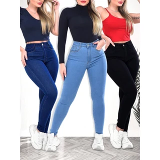 kit 3 Calças Jeans feminina Skinny Premium Lycra estica muito cintura alta Elastano levanta bumbum lançamento com bolsos em Oferta na Shopee