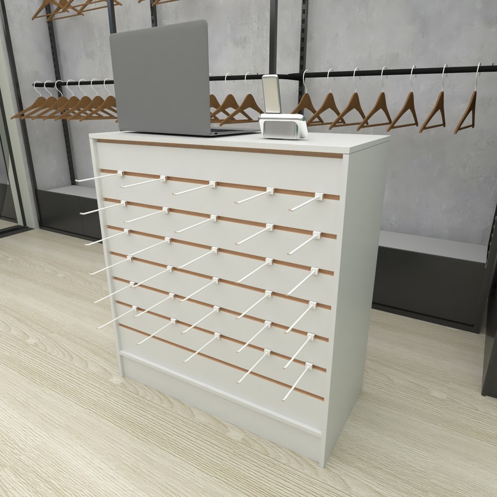 Balcão loja branco 90 cm de roupas sem gavetas com painel canaletado