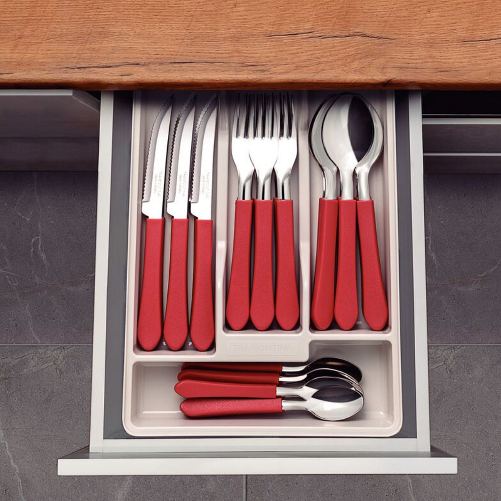 Kit Talheres Jogo Cozinha 20 Peças Aço Inox Tramontina Cabo Colher Garfo Faqueiro Leme Vermelho