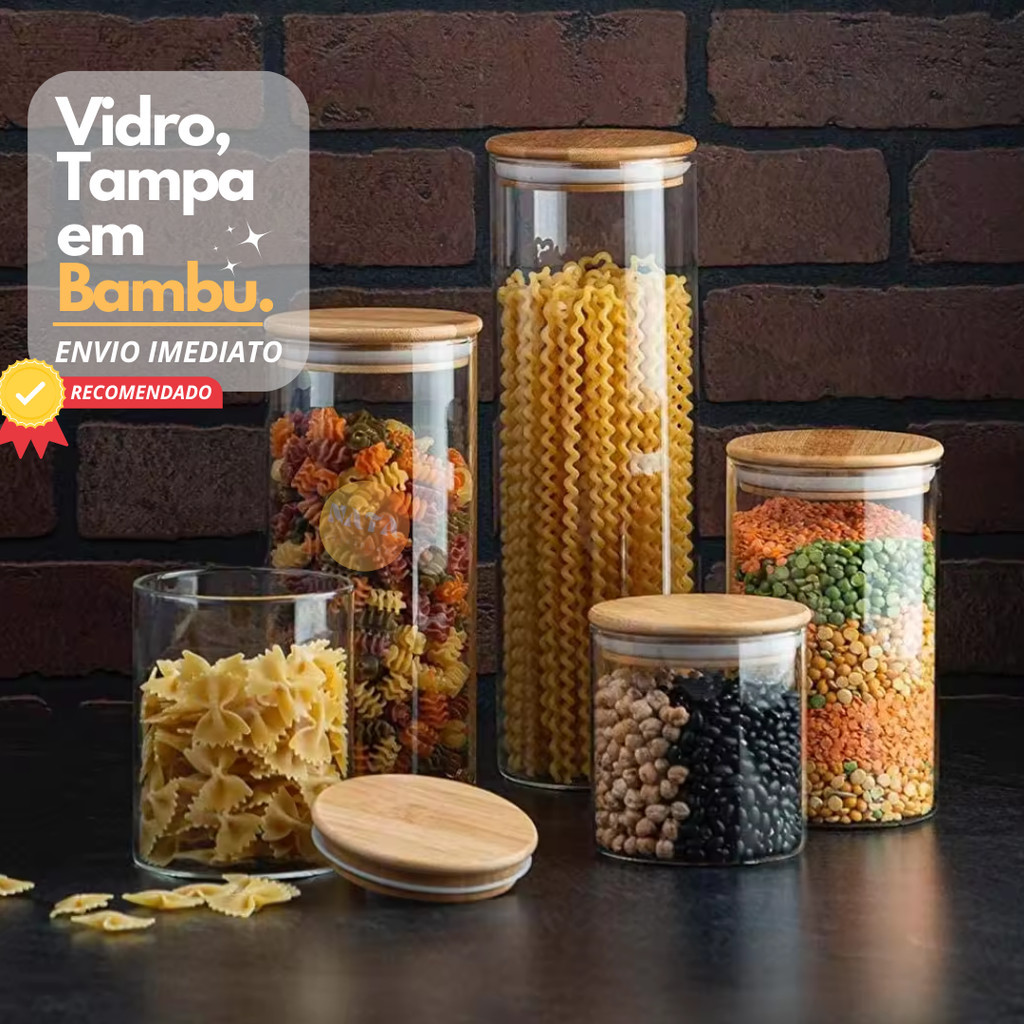 Pote de Vidro Hemético com Tampa em Bambu Super Vedação Multiuso Universal Pote de Açucar Café Organizador de cozinha