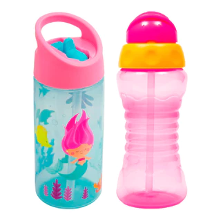Garrafa Infantil Canudo 400ml Aventuras Sereia + Garrafa Infantil Canudo 300ml Fresh Rosa - Buba