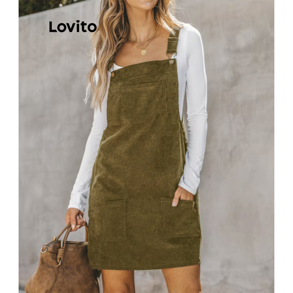 Lovito Vestido casual com bolso e fivela lisa para mulheres LBL11426