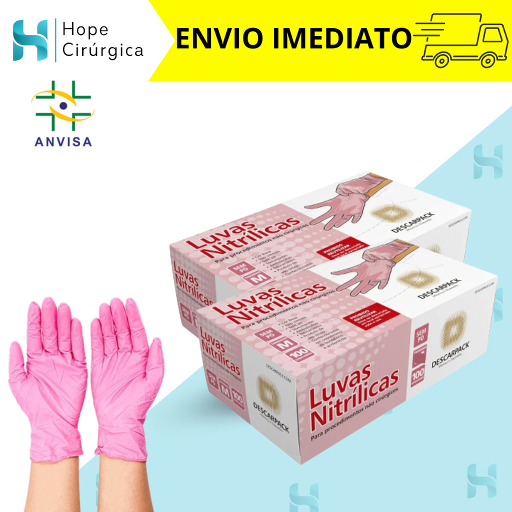Luva Nitrílica Powder Free Rosa Descarpack com 100 Unidades