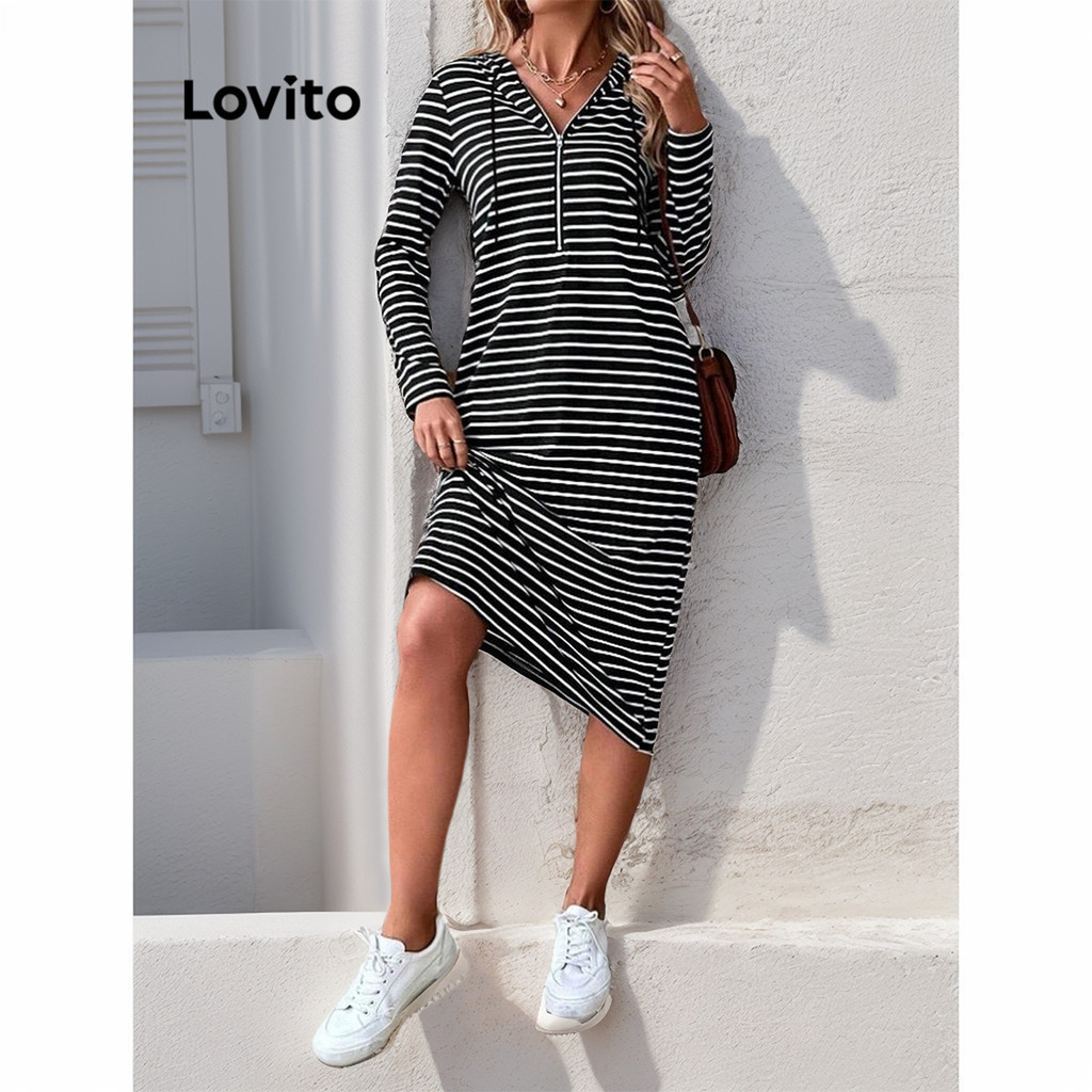 Lovito Vestido feminino casual listrado com zíper e capuz LNL51244