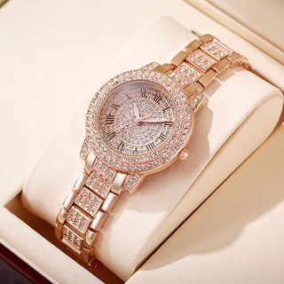 Relógio feminino nicho sentir diamante-incrustado inglês relógio estudante rosa ouro padrão romano cheio de diamante rel