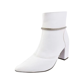 Bota Cano Curto Rosa Chic Calçados Bico Fino Salto Alto Enfeite Strass Brilho Removível Zíper Feminino Branco
