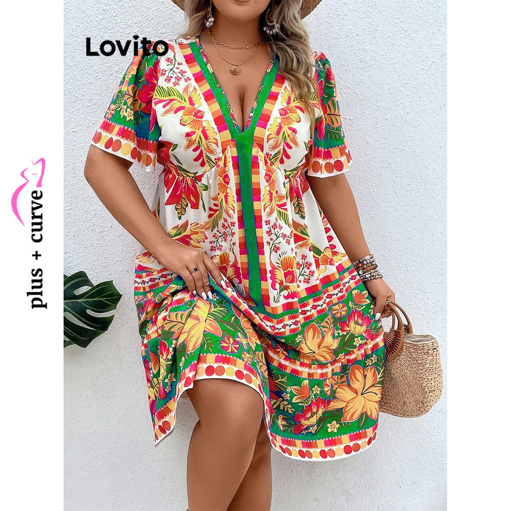 Lovito Plus Size Vestido Feminino Boho Colorblock com Estampa Tribal e Bainha de Babados LBL09173