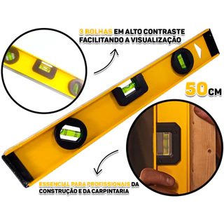 Nível De Alumínio Profissional Com Base Magnética 20 Polegadas 50cm 3 Bolhas Para Construção Carpintaria