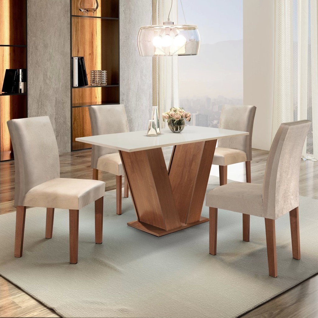 Conjunto Sala de Jantar Mesa Tampo MDF 4 Cadeiras Espanha Yescasa Chocolate/Off White/Suede Bege